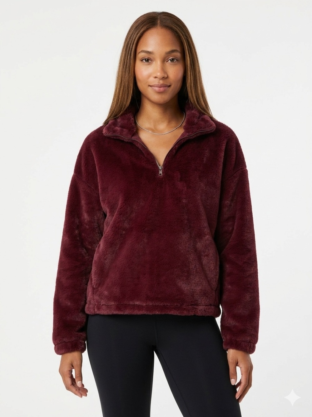 Oversized/Size: XL Plush Half-Zip Teddy Jacket - Burgundy